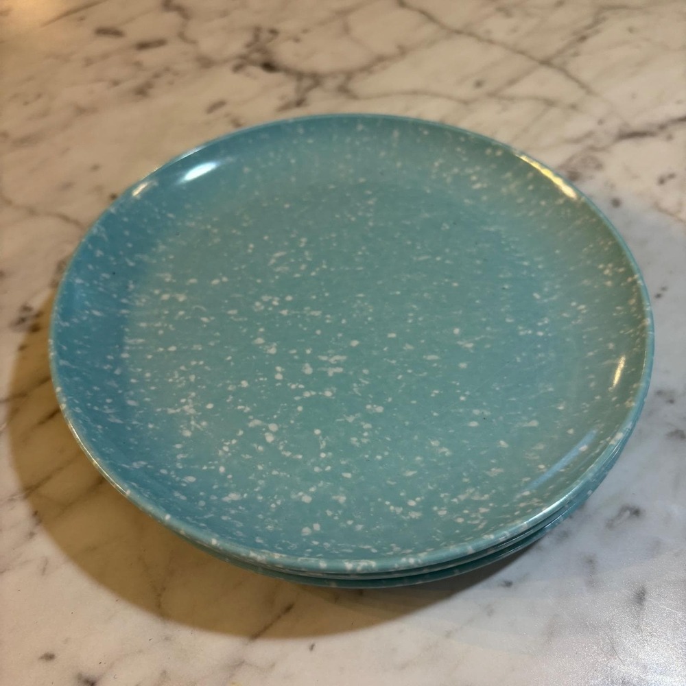 Set of 4 Turquoise Blue Speckled Melamine Dinner Plates Retro Splatter 10 Inch
